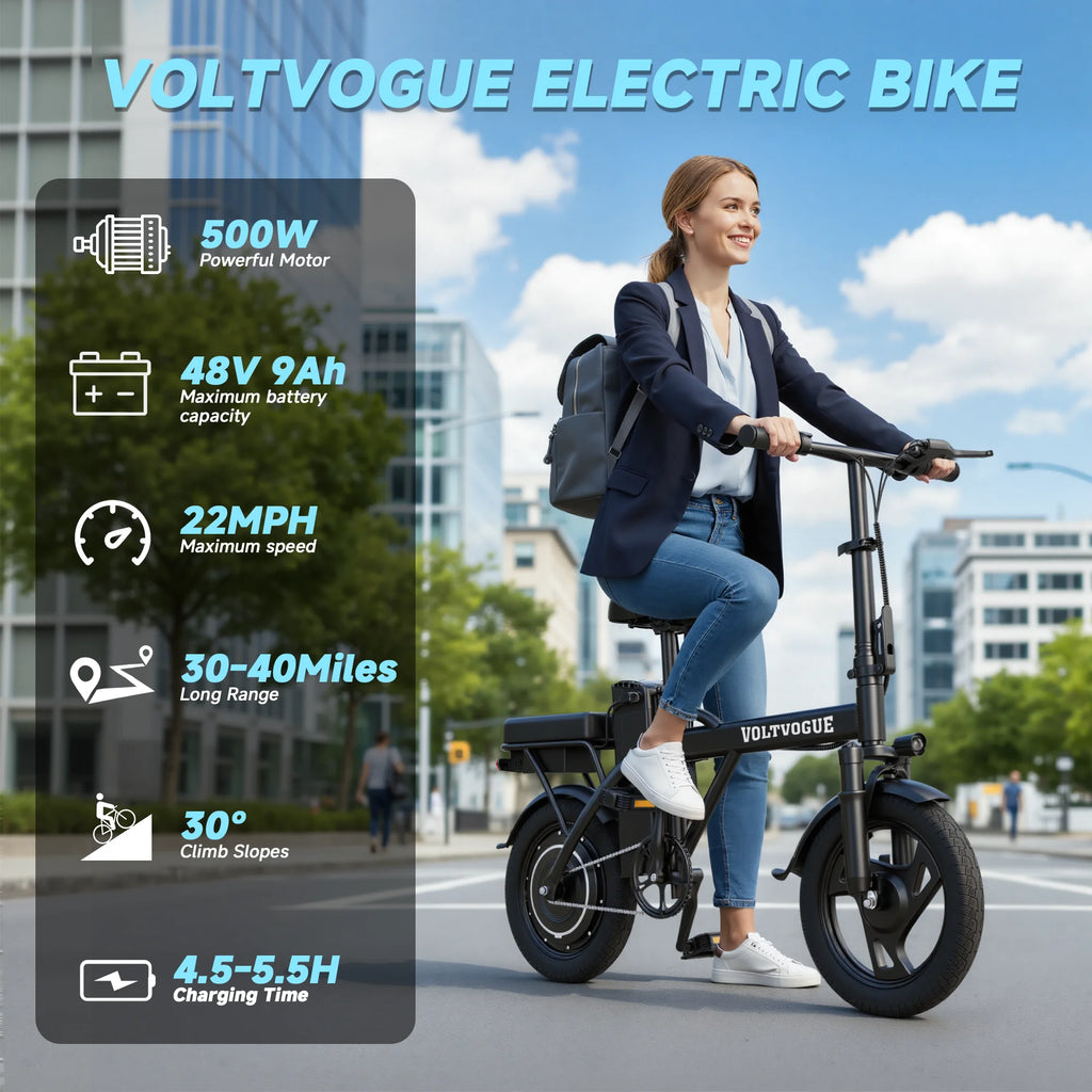 EU Stock 500W 48V 9Ah Foldable Electric Bike 22MPH 40Miles 14inch All-Terrain E-Bike for Adults Commuter City Bicycle with Suspension, Fast 3-7 Days Delivery, 365 Days Warranty, Ideal for Daily Travel