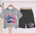 Kids Disney Stitch Print Summer Cute Breathable Tees + Shorts 2pcs 3-12 Years Boy Girls Round-neck Set Children Leisure Clothing