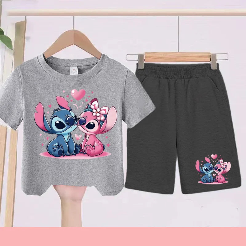 Kids Disney Stitch Print Summer Cute Breathable Tees + Shorts 2pcs 3-12 Years Boy Girls Round-neck Set Children Leisure Clothing