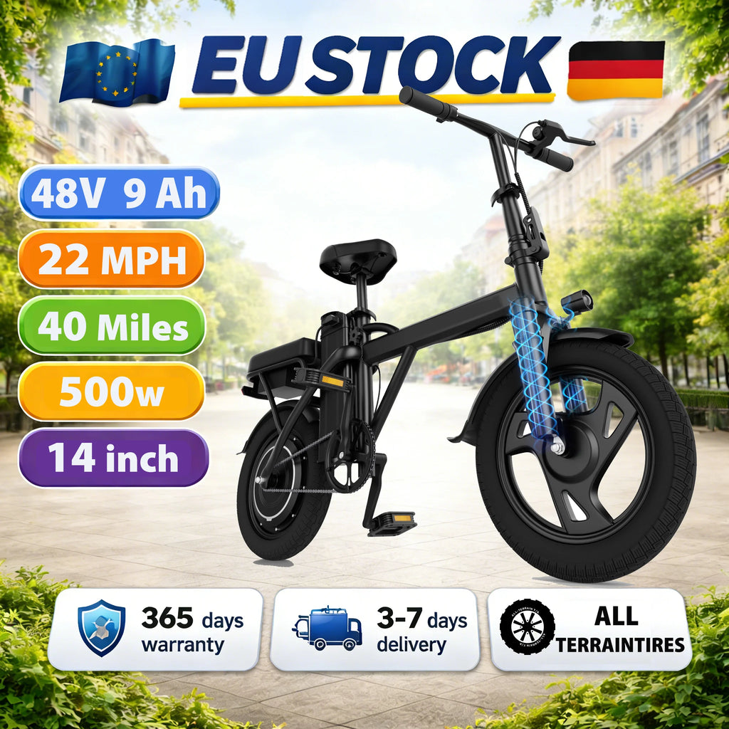 EU Stock 500W 48V 9Ah Foldable Electric Bike 22MPH 40Miles 14inch All-Terrain E-Bike for Adults Commuter City Bicycle with Suspension, Fast 3-7 Days Delivery, 365 Days Warranty, Ideal for Daily Travel