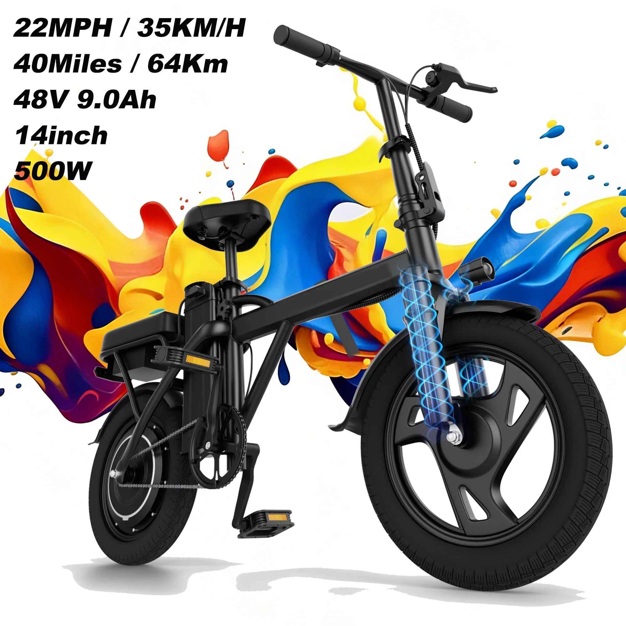 EU Stock 500W 48V 9Ah Foldable Electric Bike 22MPH 40Miles 14inch All-Terrain E-Bike for Adults Commuter City Bicycle with Suspension, Fast 3-7 Days Delivery, 365 Days Warranty, Ideal for Daily Travel